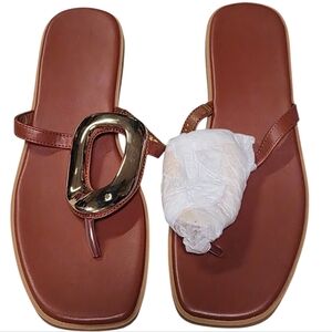 Brown Thong Sandals with Gold Buckle – Size 9.5